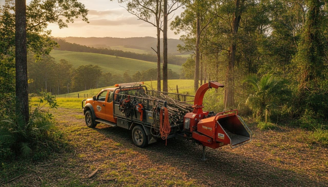 Sunshine Coast Arborist work truck and wood chipper on site in the Sunshine Coast